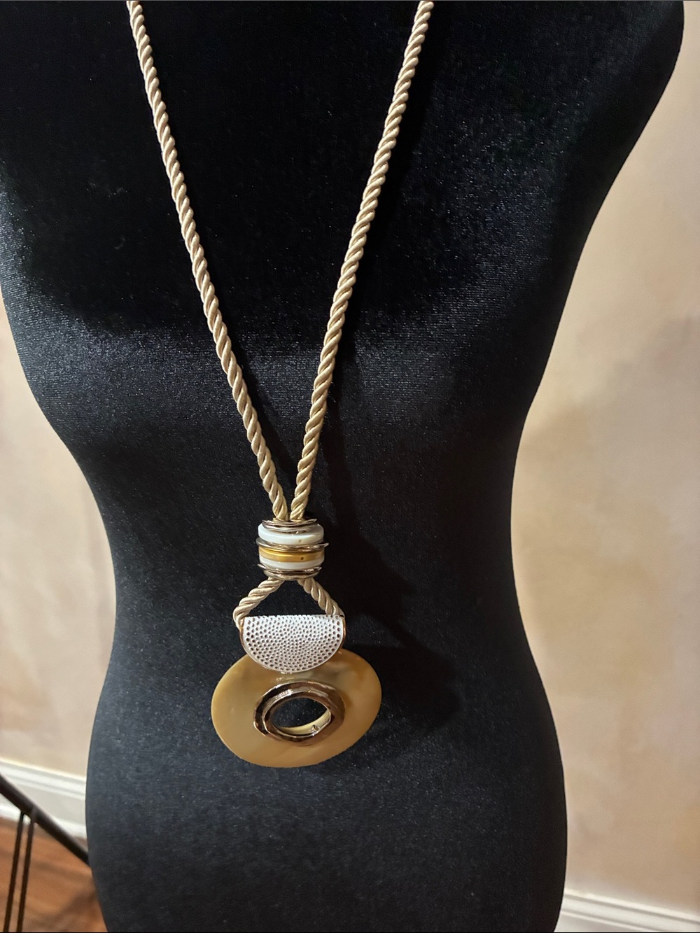 Chico's Gold-Tone Rope Pendant Necklace with Amber Disc